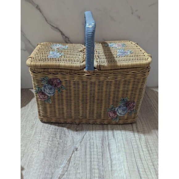 Vintage Wicker Sewing craft  Basket With Floral Painted Lid & Blue Handle - Picture 11 of 12